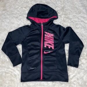 Nike Girls Therma-FIT Black Full Zip Hoodie Hot Pink Patterned Logo Size S